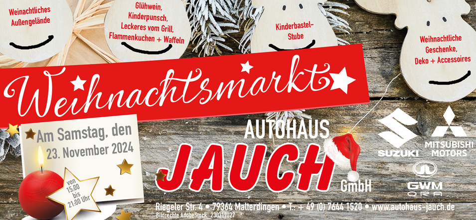 Bild zeigt Bretterwand als Hintergrund darauf im oberen Bereich vier kleine Elch Holzköpfe mit entsprechenden Schriften, darunter ein roter Querbalken mit Schriftzug Weihnachtsmarkt, darunter ein Störer mit Apfelkerze und den Hinweis auf Samstag den 23.11.2024 rechts die Logos Suzuki Mitsubishi und GWM sowie in der Mitte das Logo der Firma Jauch