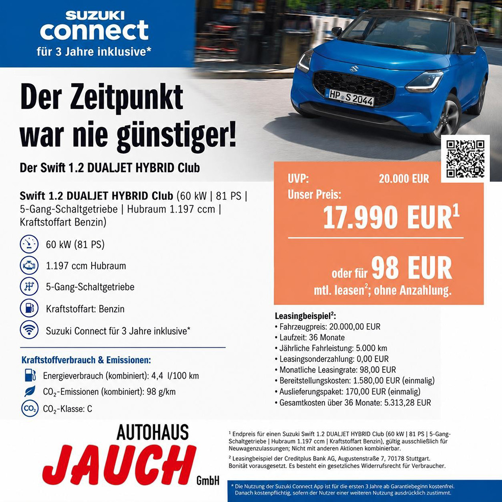 Der Zeitpunkt war nie günstiger. Angebotstext und einen Suzuki Swift in blau rechts oben